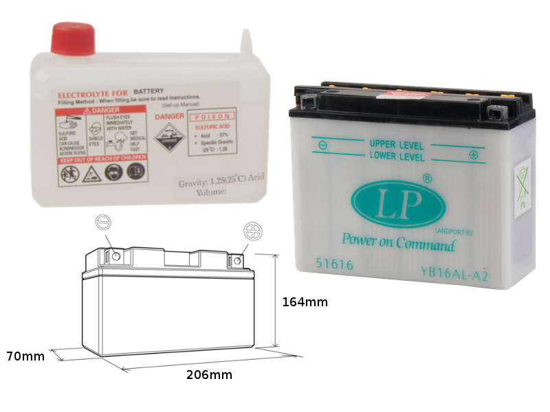 LANDPORT akumulátor YB16AL-A2 (MD LB16AL-A2) 12V 16AH 205X71X164 obsluhovaný - elektrolyt zvlášť (2) UE2019/1148 (LANDPORT akumulátor YB16AL-A2 (MD)
